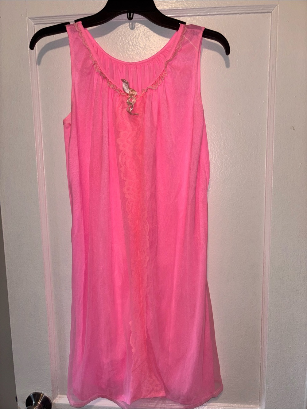Vintage 60s Hot Pink Lace Sheer Chiffon Nightgown Mini Sleeveless Small